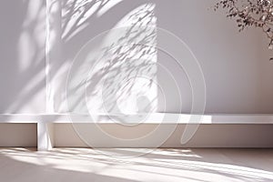 interior design, 3D stimulate of white room interior and wood plank floor with sun light cast shadow on the wall,Perspective of