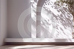 interior design, 3D stimulate of white room interior and wood plank floor with sun light cast shadow on the wall,Perspective of