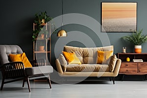 interior design, Abstract painting on grey wall of retro living room interior with beige sofa with pillows, vintage dark green