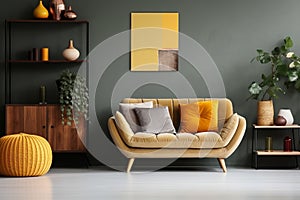 interior design, Abstract painting on grey wall of retro living room interior with beige sofa with pillows, vintage dark green