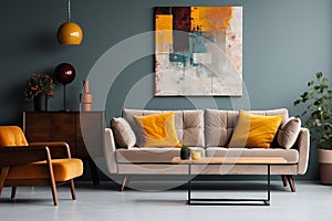 interior design, Abstract painting on grey wall of retro living room interior with beige sofa with pillows, vintage dark green