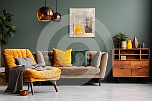 interior design, Abstract painting on grey wall of retro living room interior with beige sofa with pillows, vintage dark green