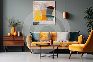 interior design, Abstract painting on grey wall of retro living room interior with beige sofa with pillows, vintage dark green