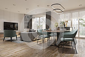 Interior design allocated in one space attached along with dining, and living area. 3D rendering