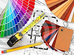 Interior design. Architectural materials tools and blueprints