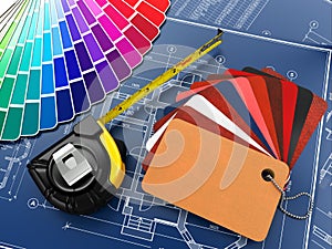 Interior design. Architectural materials tools and blueprints