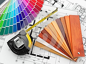 Interior design. Architectural materials tools and blueprints