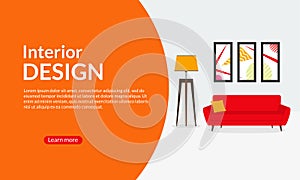 Interior design banner for furniture sale with sofa, pictures on the wall and lamp. Living room interior. Vector illustration