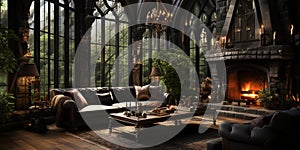 Interior Design, Beautiful Living room Gothic Style, Luxury Mansion, Elegant tall window