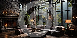 Interior Design, Beautiful Living room Gothic Style, Luxury Mansion, Elegant tall window