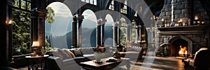 Interior Design, Beautiful Living room Gothic Style, Luxury Mansion, Elegant tall window