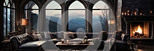 Interior Design, Beautiful Living room Gothic Style, Luxury Mansion, Elegant tall window