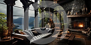 Interior Design, Beautiful Living room Gothic Style, Luxury Mansion, Elegant tall window