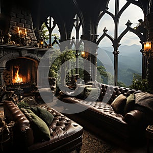 Interior Design, Beautiful Living room Gothic Style, Luxury Mansion, Elegant tall window