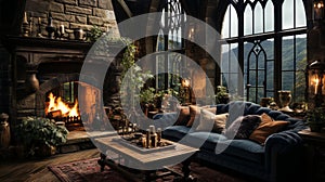 Interior Design, Beautiful Living room Gothic Style, Luxury Mansion, Elegant tall window