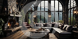 Interior Design, Beautiful Living room Gothic Style, Luxury Mansion, Elegant tall window