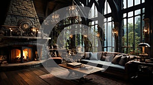 Interior Design, Beautiful Living room Gothic Style, Luxury Mansion, Elegant tall window