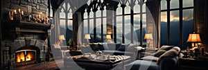 Interior Design, Beautiful Living room Gothic Style, Luxury Mansion, Elegant tall window