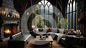 Interior Design, Beautiful Living room Gothic Style, Luxury Mansion, Elegant tall window