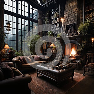 Interior Design, Beautiful Living room Gothic Style, Luxury Mansion, Elegant tall window