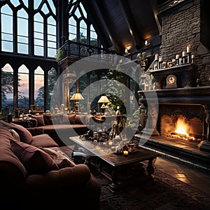 Interior Design, Beautiful Living room Gothic Style, Luxury Mansion, Elegant tall window