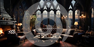 Interior Design, Beautiful Living room Gothic Style, Luxury Mansion, Elegant tall window