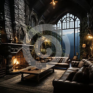 Interior Design, Beautiful Living room Gothic Style, Luxury Mansion, Elegant tall window