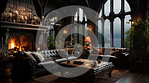 Interior Design, Beautiful Living room Gothic Style, Luxury Mansion, Elegant tall window