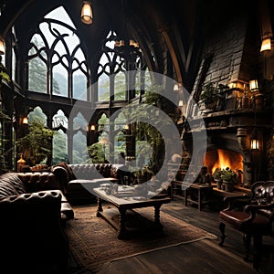 Interior Design, Beautiful Living room Gothic Style, Luxury Mansion, Elegant tall window