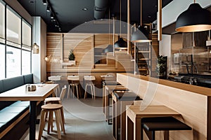 Interior design of beautiful modern coffeehouse, decorated with natural wood. Created with generative Ai