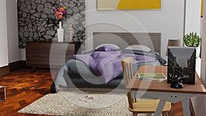 Interior design, a bedroom in a minimalist style