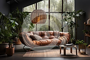 Interior Design with Bentwood Sofa, Table Lamp, and Indoor Plants in Warm Light, Generative AI