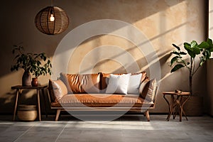 Interior Design with Bentwood Sofa, Table Lamp, and Indoor Plants in Warm Light, Generative AI