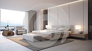 Interior design Big modern Bedroom. Stylish room interior with big comfortable bed. generative ai