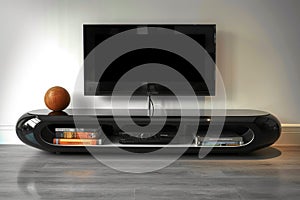 Interior design of a black gloss floating shelf TV stand AI Generated