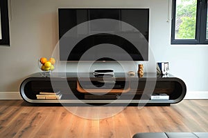 Interior design of a black gloss floating shelf TV stand AI Generated