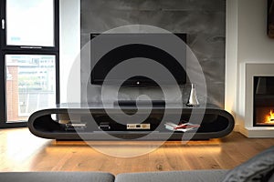 Interior design of a black gloss floating shelf TV stand AI Generated