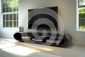 Interior design of a black gloss floating shelf TV stand AI Generated