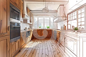 Interior design blueprint sketch transforming into real wooden country kitchen beforeafter. Concept photo