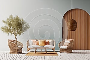 interior design of Boho cozy living room design, bright wall mockup