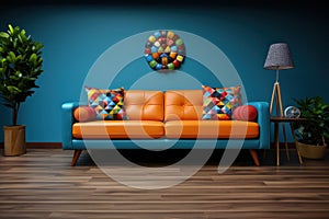 Interior Design. Bright living room, blue walls and orange sofa. AI generative