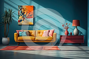 Interior Design. Bright living room, blue walls and a yellow sofa. AI generative