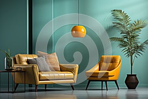 Interior design, bright living room with yellow sofa and armchair and green walls. AI generative