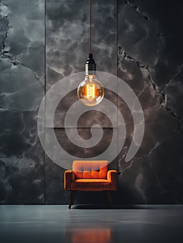 Interior design in brutalist style with a red armchair and a modern tungsten style pendant light bulb. Generative AI