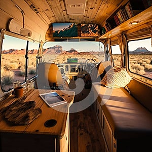 Interior design of a bus that has been converted into a living space for those who choose to live a nomadic lifestyle. AI