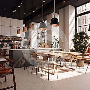 Interior design of a cafe with large windows, modern style, gray color generated by AI