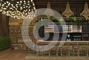 Interior design of a cafe or restaurant ethnic retro style with a bar counter and decorations of luminous garlands and wicker