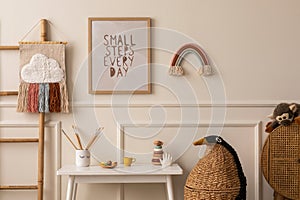 Interior design of children room interior with mock up poster frame, white desk, animal wicker basket, rattan sideboard, plush