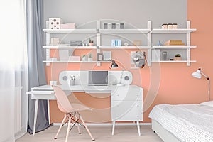 Interior design of a children's room, warm colors, white pink colors. AI Generative.