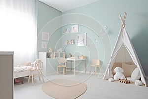 Interior design for a children's room, warm tones of light blue. AI Generative.